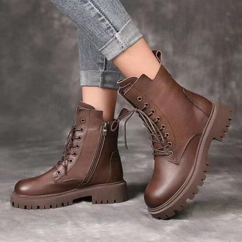 Real Soft Leather Martn Boots Womens Brown Leather Shoes 2021 Autumn and Winter New Flat Platform Ankle Boots Motorcycle Boots