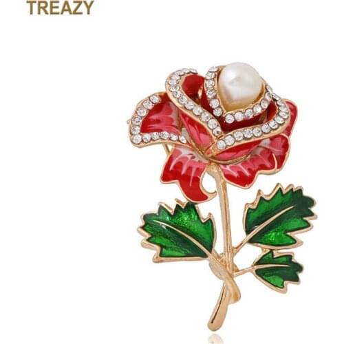 Elegant Enamel Flower Brooches Fashion Gold Color Imitation Pearl Crystal Brooch Pin for Women Wedding Party Accessories