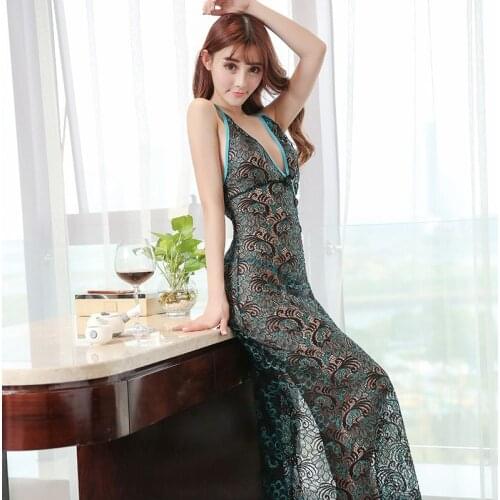 Women Sleepshirts Vintage Nightgown Sexy Lace Chinese Cheongsam Hollow Out Nightdress Sleepwear V-neck Lingerie Dress Homewear