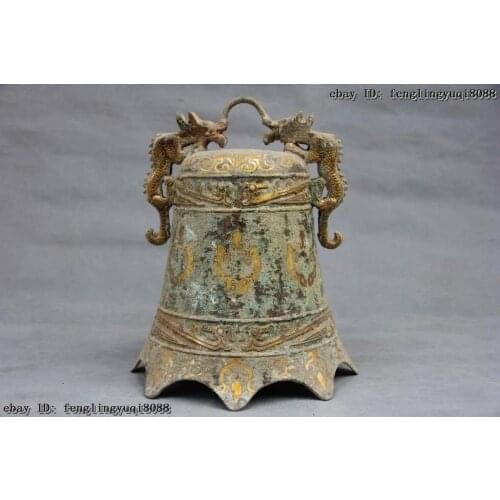 China Folk Collect Buddhism Temple Old copper Bronze gilt Dragon Ancient bell