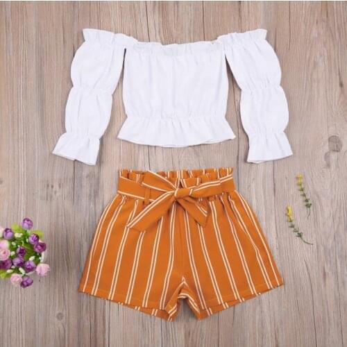 Girl Kids Clothing Set Long Sleeve Off Shoulder Shirt Tops Striped Shorts Two-piece Suit Fashion Summer Girls Clothing