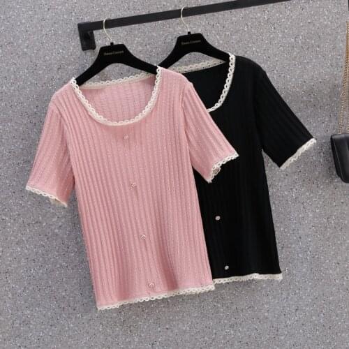 M-4XL plus size women Summer thin kint T-shirt top loose casual Beading short sleeve o neck Oversized sweater pullover female