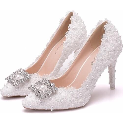 9 cm foreign trade pointed toe large size lace single shoes square buckle rhinestone single shoes wedding dinner shoes women