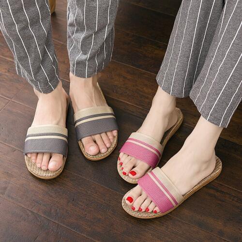 Men Women Linen Home Slippers Summer Couple Striped Flax Flat Flip Flops Casual Indoor Floor Shoes Fashion Beach Sandals Slides