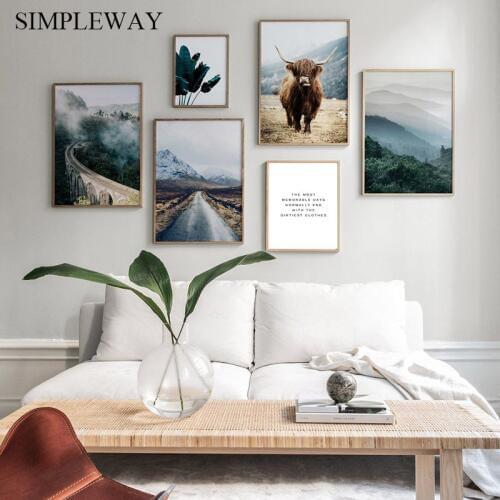 Wall Art Nature Landscape Canvas Poster Nordic Style Cow Foggy Forest Print Painting Scandinavian Decoration Picture Home Decor