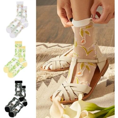 1Pair Women Summer Tide Socks Flower Plants Pattern Glass Silk Ultra-thin Mid Socks Harajuku Creative Fashion Casual Breathable