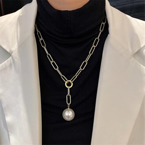 FACEINS Metal Chain Necklace Big Pearl Pendant Clavicle Chain Personality Sweater Chain Niche Design Womens Sweater Necklace