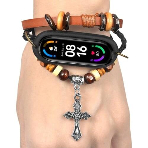 Suitable for Xiaomi Mi Band 3/4 Replacement Leather Bracelet Braided Strap Carved Cross Beaded Bracelet Fashion Retro Wristband