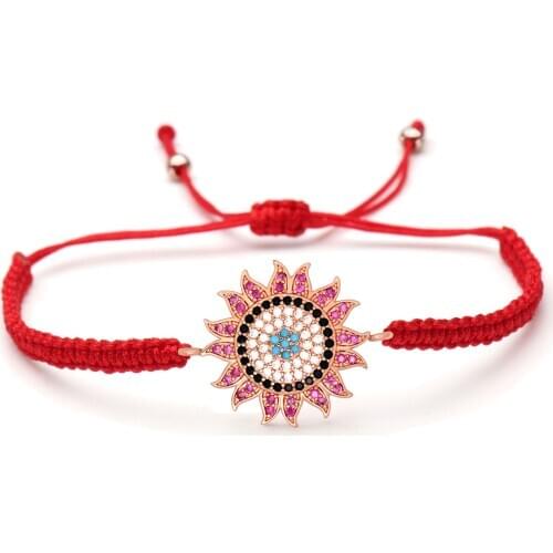 Multicolored Zircon Crystal Sun Charm Bracelet Women Men Fashionable Everyday CZ Sun Flower Red Black Cord Handmade Jewelry Gift