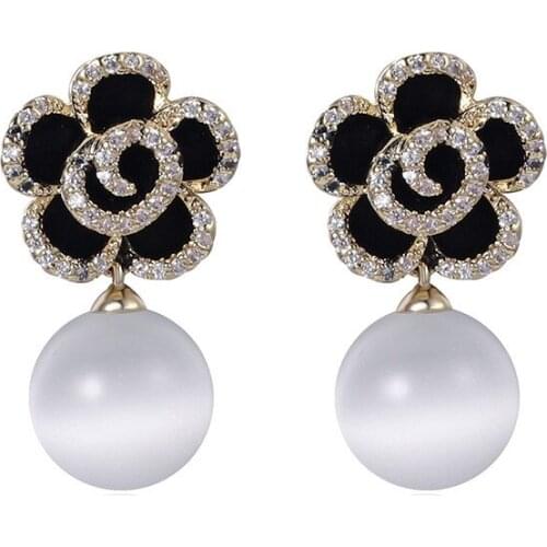 Pearl Camellia Earrings For Women Luxury Crystal Flower Earrings Jewelry Charm Stud Earrings Girl Earring Accessories 2021