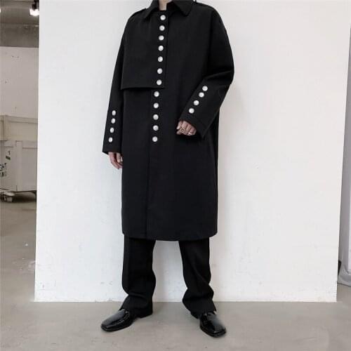 Men Buttons 3/4 Length Trench Coat Japanese Harajuku Streetwear TrenchCoat Women Dark Black Oversize Fashion Long Cardigan Coat