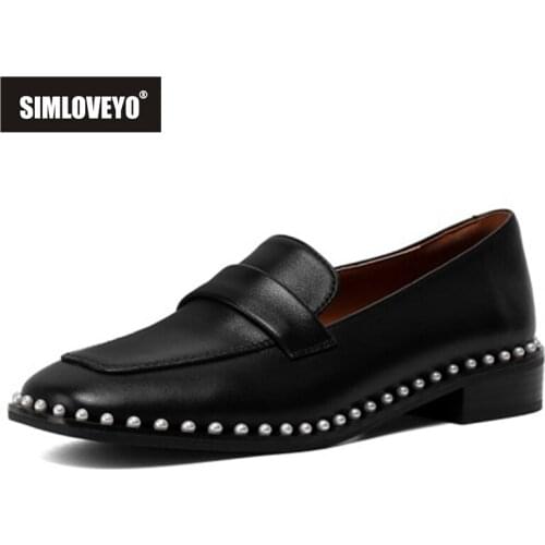 SIMLOVEYO 2021 Spring New Beading Pumps Solid Ladies Loafer Shoes Sheepskin Square Toe Slip-On 2.8cm Flat Square High Heel Black