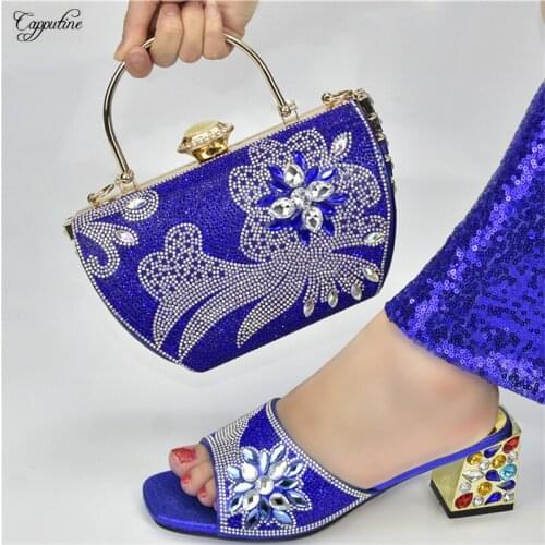Royal Blue Women Slippers Shoes With Bag Set African High Heels Pumps And Purse Handbag Sandals Clutch Bolsa 938-9 Height 6.5CM