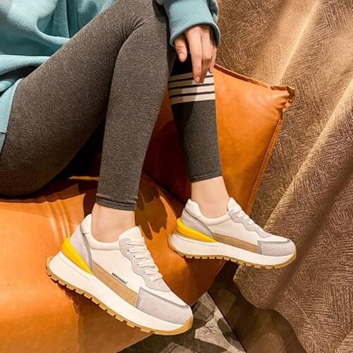 Women Natural Genuine Leather Flat Platform Sneakers Lady Casual Shoes Lace Up Mixed Colors Footwear Spring White