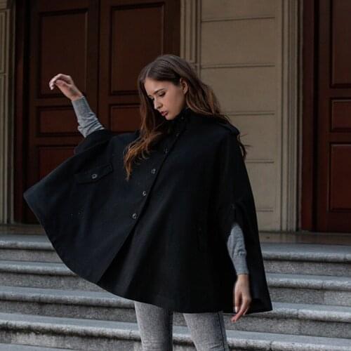 Women Wool Cape Coats Button Loose Casual Outerwear High Street Stylish Autumn Winter Warm Overcoat Female Black Coat