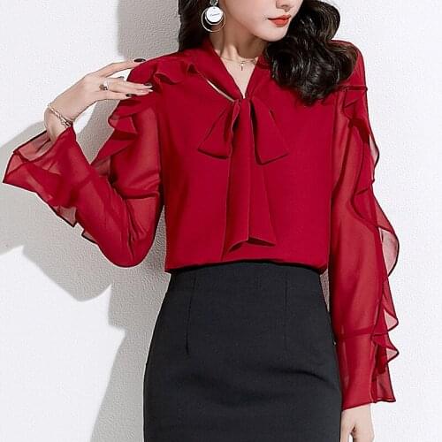 2021 Spring New Womens Clothing Lady V-neck Long Sleeve Bowknot Ruffled Chiffon Shirt for Women