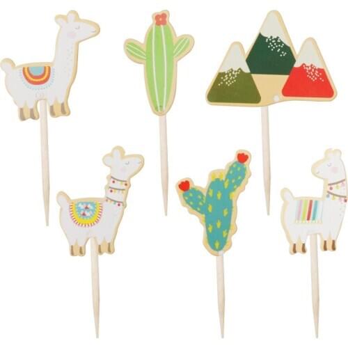 24pcs / Lot Cactus Alpaca Theme Cupcake Topper Cartoon Party Kids Birthday Holiday Festival Fruit Decoration Supplies