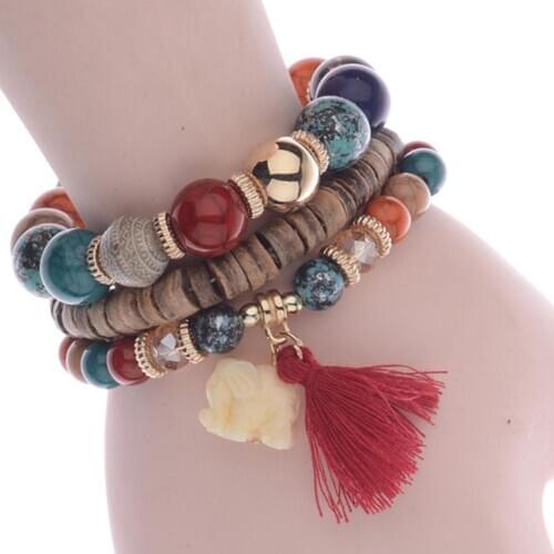 3 pcs/set Bohemian Ethnic woman like tassel Ethnic fashion charm Czech gem beaded bracelet gift Womans accesories