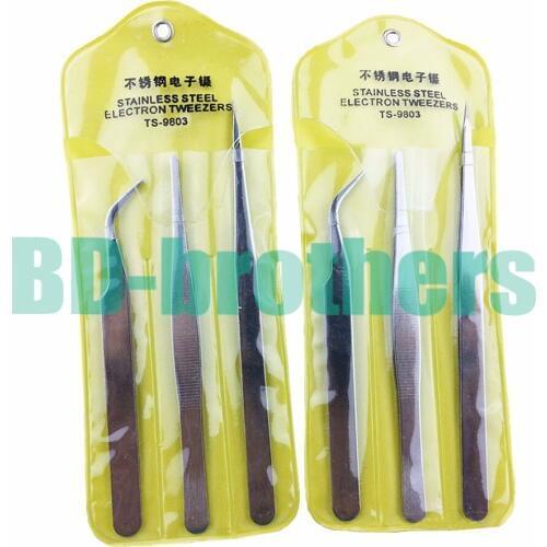 3 in 1 DIY Stainless Steel Electron Tweezers TS Nipper Fine-Tipped / Round Head / Curved Head Tweezers Repair Tool 200sets/lot