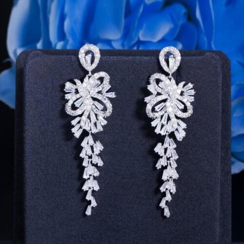 CWWZircons Geometric White Cubic Zirconia Dangle Tassel Drop Long Women Prom Wedding Earrings for Brides Costume Jewelry CZ895