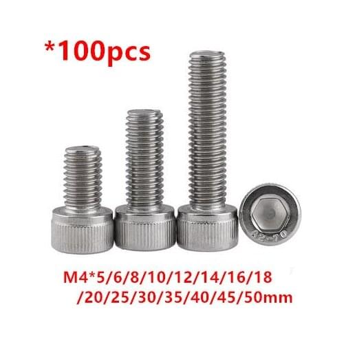 100pcs DIN912 M4 Stainless steel Hex Socket Head Cap Screws M4*5/6/8/10/12/16/20/25/30/40/50mm Hexagon Cylinder Cup head Bolts