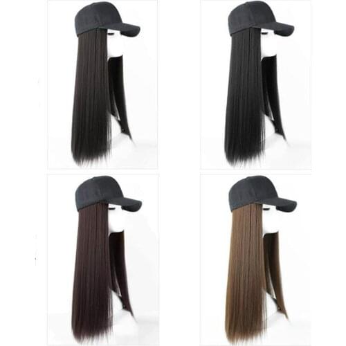 Long Synthetic Baseball Cap Wig Natural Black / Brown Straight Wigs Naturally Connect Synthetic Hat Wig Adjustable For Girls