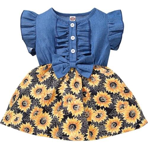 Baby Toddler Patchwork Denim Dress Leopard/Sunflower Print Fly Sleeve Round Neck Ruffle Button Bowknot One-Piece Yellow Black