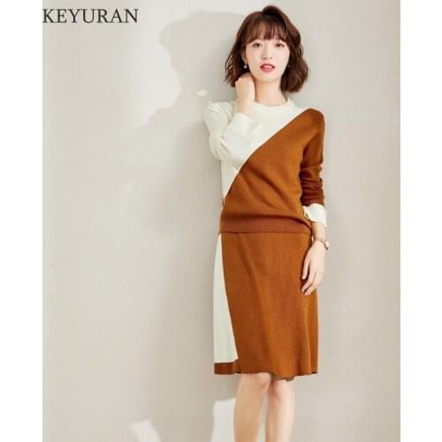 Elegant Knitted 2 Piece Sets Womens Outfits Patchwork Pullovers Long Sleeve Sweater Top + Midi Skirt Knit Set Office Lady Suits