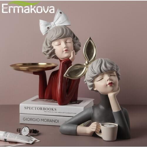 ERMAKOVA Cute Resin Storage Girl Statue Home Decoration Figurine Ornaments Modern Art Sculpture for Living Room Tabletop Gift