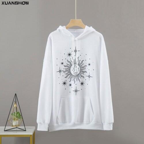 XUANSHOW 2021 Fashion Oversized Hoodie Loose Long Sylte Thick Hoodies Sun and Moon Printed Hooded White Streetswear Womens Coat