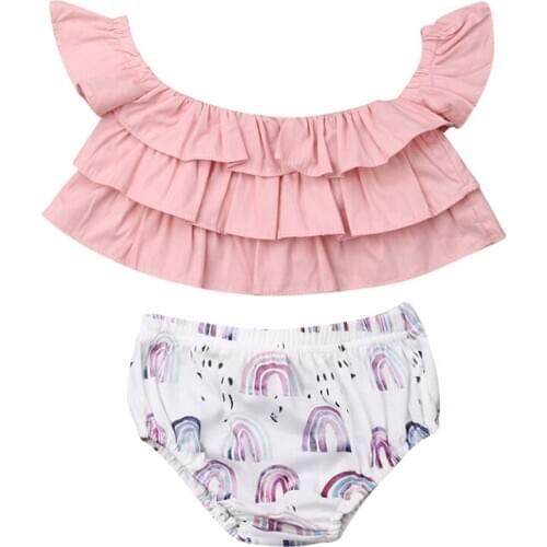 Boutique kids clothing Summer Kid Baby Girl Off Shoulder Ruffle Crop Tops+ Rainbow Print Shorts Briefs Pants Sets