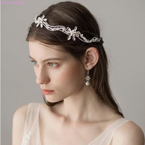Jonnafe Beaded Pearls Floral Wedding Headband Hair Vine Handmade Bridal Hair Jewelry Tiara Women Headpiece