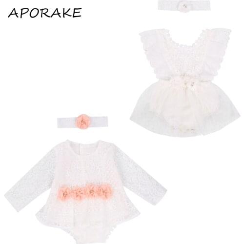 2020 0-24M Newborn Baby Girl Princess Romper Dress 3D Pearls Flower Waist Short/Long Sleeve Hollow Lace Playsuit+Headband 2pcs