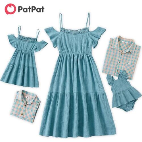 PatPat 100% Cotton Solid and Plaid Family Matching Blue Sets