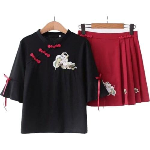 Sweet Style Mori Girl Sets Cartoon Embroidery Short Sleeve Cotton T Shirt And Hight Waist Mini Pleated Skirts Summer 2 Piese Set