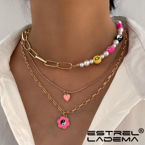 Fashion Multilayer Smiley Face Pearl Beads Choker Necklace For Women Heart Flower Yin Yang Metal Chain Collar Necklaces Jewelry