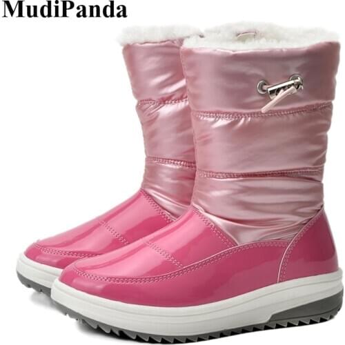 MudiPanda Kids Shoes For Girls Boots Winter 2021 ChildrenS Snow Boots Plus Velvet Plush Warm Waterproof Non-Slip Pu Leather