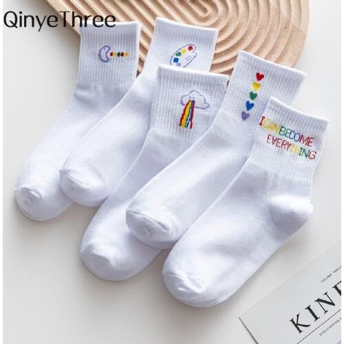 New Autumn Winte White Soft Sports Cotton Socks Soft Hipster Street Graffiti Clouds Letter Heart Palette Eating Patterned