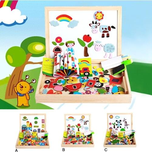 Portable Cartoon Kid Magnetism Jigsaw Drawing Board Puzzl Set Double-face Wooden Box Development Educational Toy Christmas Gifts