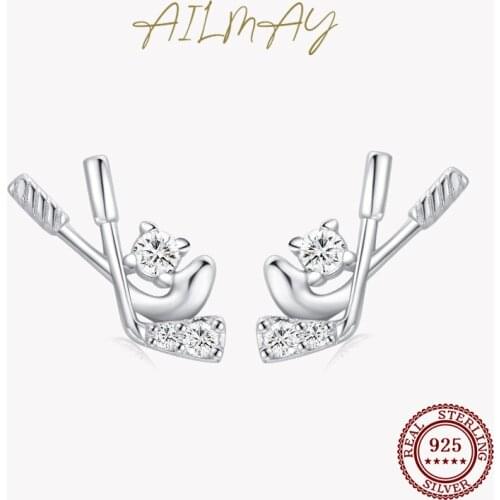 Ailmay 100% 925 Sterling Silver Fashion Hockey modelling Clear Zircon Stud Earrings For Women Girls Party Accessories Jewelry