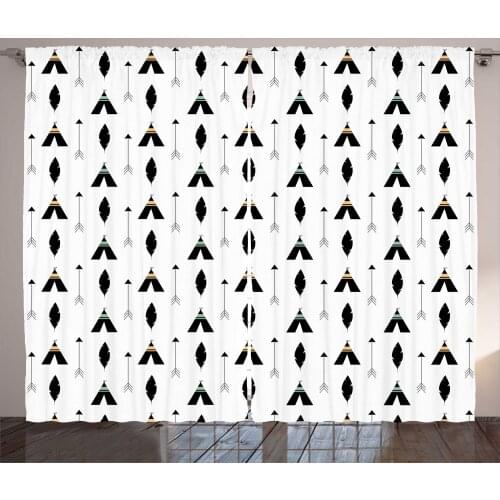Tribal Arrow Curtains Boho Tent and Feather Pattern Satin Fabric Drapes for Living Room Bedroom 2 Panel Window Set