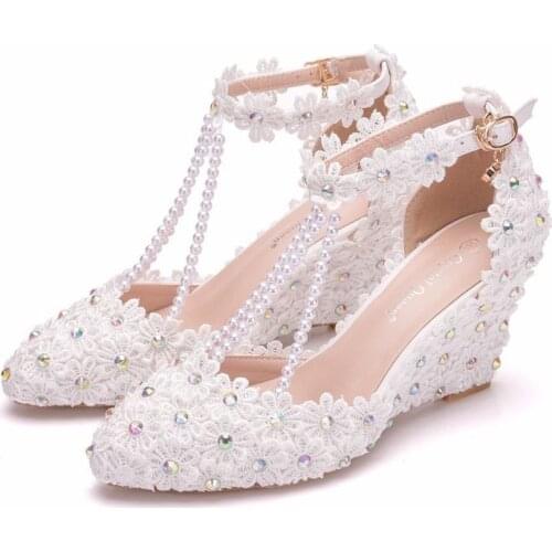 Women sandals wedding Party Lace PU Rhinestones Buckle Strap 7.5CM Wedges High heel Pointed Toe sandal women shoes size 35-42