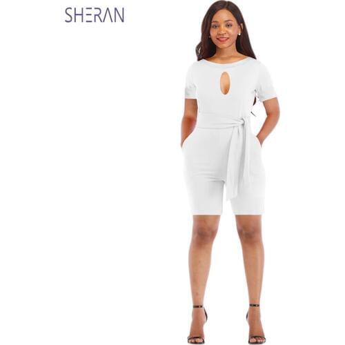 Solid color round neck Summer Playsuits and Jumpsuits Short Sleeve Sashes Off Cutout Sexy Women Rompers Casual Short Jumpsuit