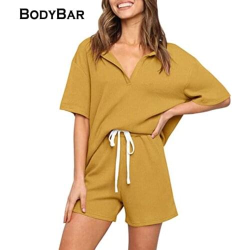 2021 Sports Sets Casual Ladies Home Wear Solid Short Sleeve Crop Top + Elastic Waist Shorts Two-piece Tracksuit Gym Outfits Sets