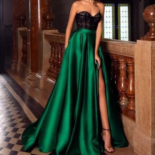 Vestido noiva Elegant Sweetheart Top Lace Emerald Green Evening Dresses 2020 Split Front Satin Long Formal Dress Prom Gowns