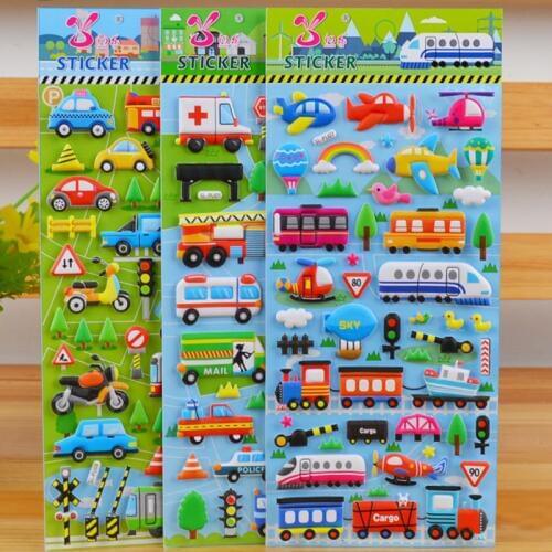 5 Sheets/Set 3D Bubble Sticker Car Truck Plane Traffic Waterproof Cartoon Anime Stickers For Girl Boy Kid Funny Educational Toys