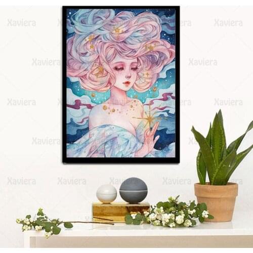5D Diy Diamond Painting Pink Hair Girl Full Square Diamond Cross Stitch Cartoon Anime Cute Girl Rhinestone Mosaic Embroidery