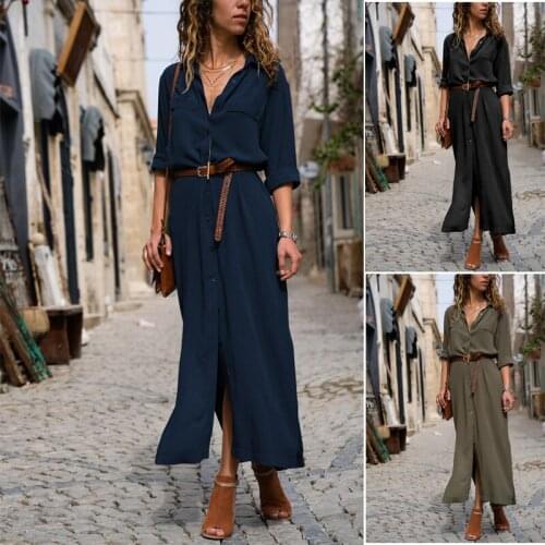 BKLD 2021 Autumn Winter Hot Sale Casual Fashion Loose Style Polo Neck Long Sleeve Single-breasted Hem Slit Maxi Dress Streetwear