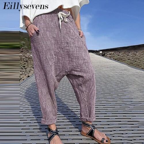 Pants For Women Pure Color High Waist Drawstring Pants Cotton Linen Trousers Women Loose Pants Women Pantalones Mujer