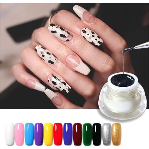 SKVP 10ML Painting Nail Polish Gel Cow Pattern Pull Line Drawing Paint Nail Art Gel Black White Solid Color Wire Stretch 2021